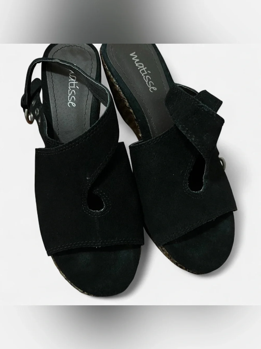 Matisse Black Suede Wedge Sandals with Woven Platform